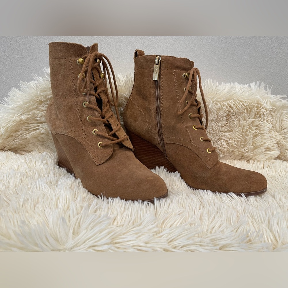 BGBG tan leather lace up wedge bootie